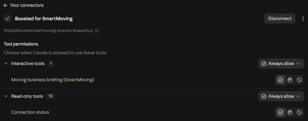 Tool permissions for Boosted for SmartMoving with Interactive tools and Read-only tools set to Always allow