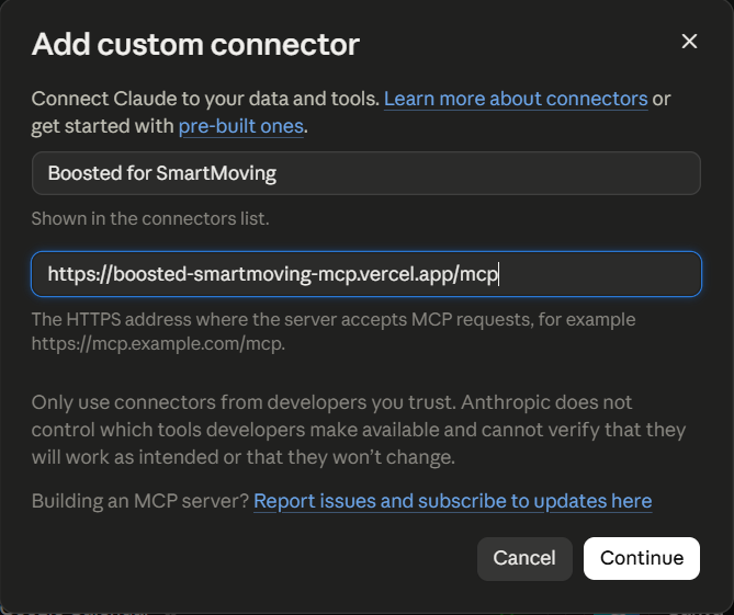 The Add custom connector dialog filled in with the name Boosted for SmartMoving and the connector address